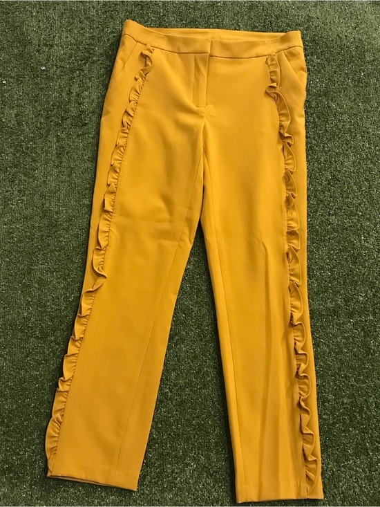 Cynthia Rowley Pants - Cynthia Rowley Mustard Yellow Ruffle-Trim Skinny Pants